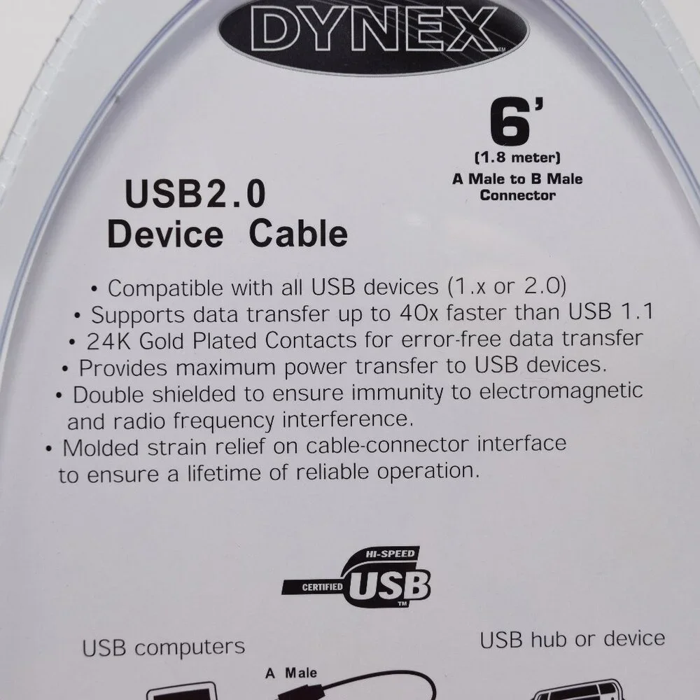 Dynex USB 2.0. Device Cable 6 Feet A Male to B Male Connector New Office School